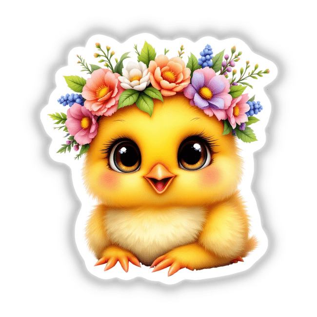 Baby Chick Wearing a Blooming Floral Crown, a charming cartoon design, perfect as a sticker or digital art, showcasing a cute chick with flowers on its head.