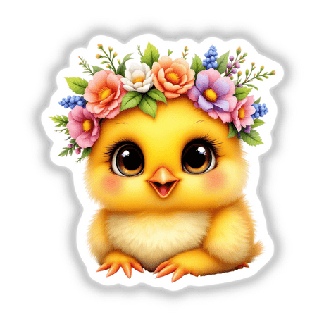 Baby Chick Wearing a Blooming Floral Crown, a charming cartoon design, perfect as a sticker or digital art, showcasing a cute chick with flowers on its head.