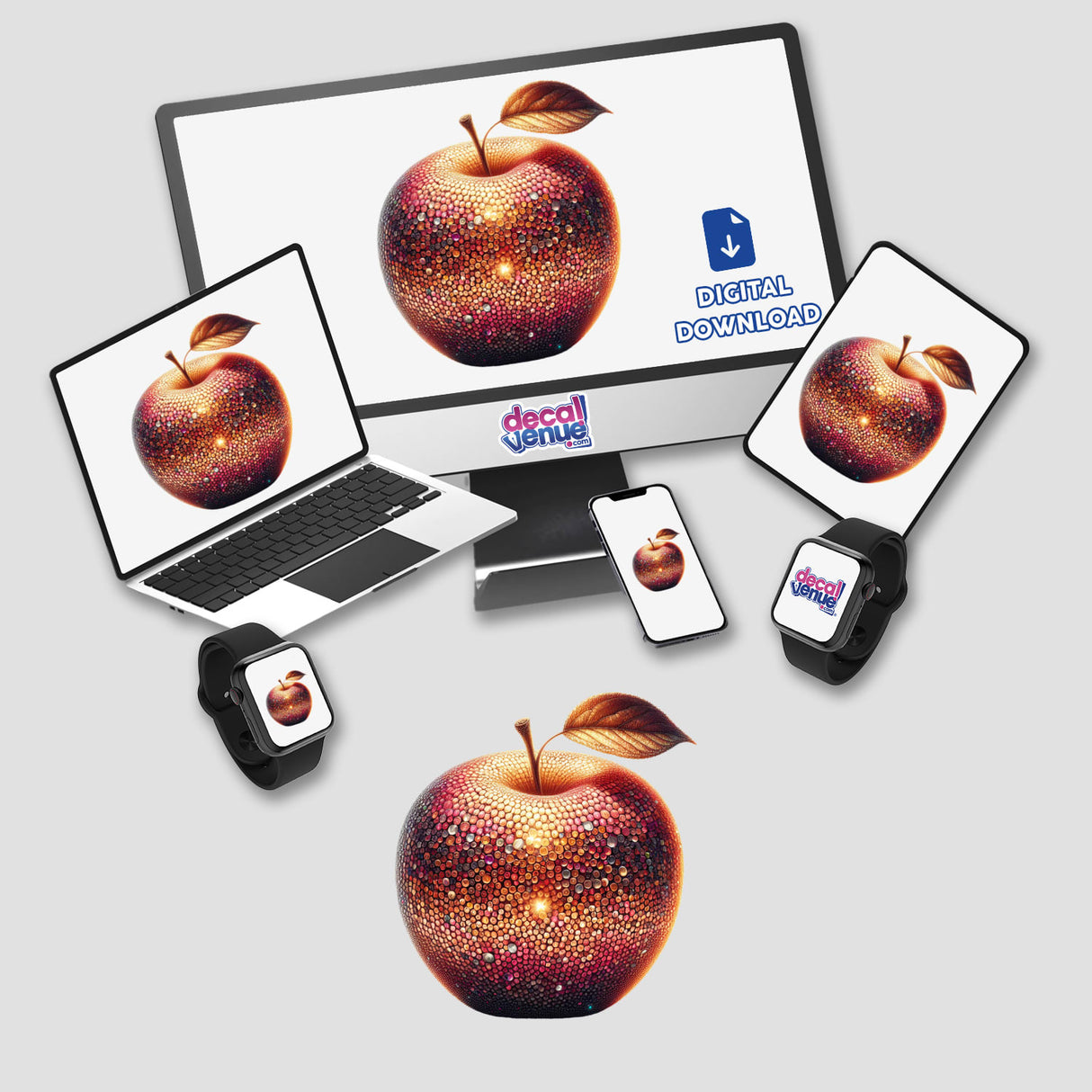 Artful Mosaic Apple digital artwork displayed on a computer monitor and laptop, also available as stickers, showcasing a vibrant apple image with a leaf.