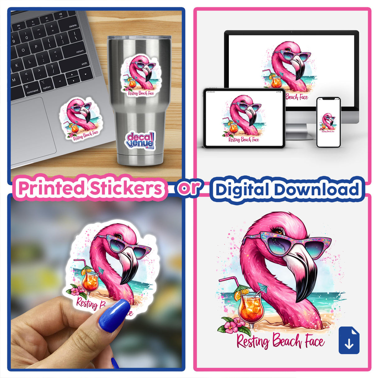 Whimsical pink flamingo with tropical drink sticker design. This digital artwork features a stylized flamingo character relaxing on the beach with a colorful tropical drink, surrounded by tropical flowers and foliage. The design is available as a printed sticker or a digital download from the Decal Venue store, which offers a variety of unique stickers and digital art created by talented designers.