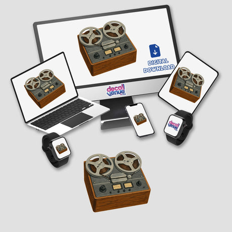 Reel-to-Reel Tape Recorder Clipart PNG & Sticker – Vintage 1950s Audio Printable. Close-up showing classic Ampex design, ideal for crafts and collectors, available as digital art or a waterproof sticker.