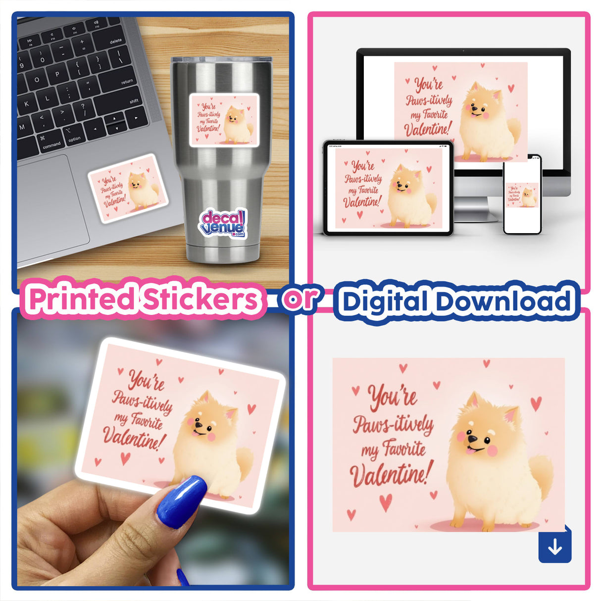 Pomeranian Sticker and Clipart with Commercial Rights – Cute Dog Valentine’s Day Design featuring charming dog illustrations, ideal for laptops, cards, and digital downloads, perfect for unique creative projects.