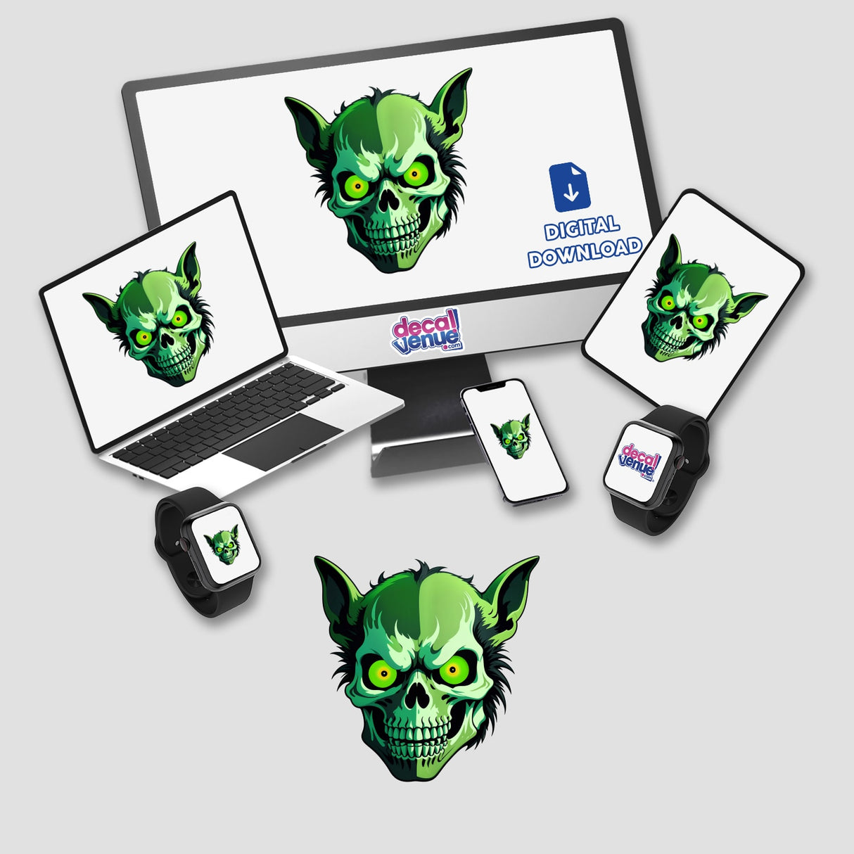 Hybrid Human Dog Skull design on computer and laptop screens, featuring a green cartoon skull. Available as stickers or digital artwork from Decal Venue.