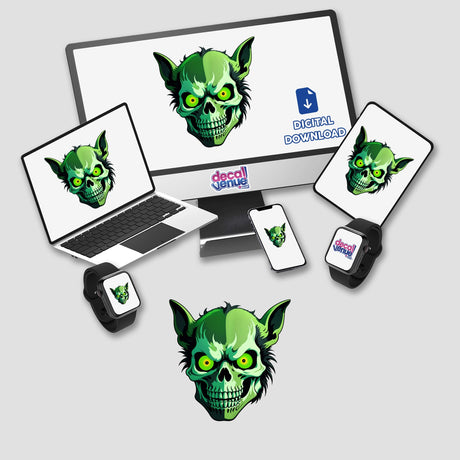 Hybrid Human Dog Skull design on computer and laptop screens, featuring a green cartoon skull. Available as stickers or digital artwork from Decal Venue.