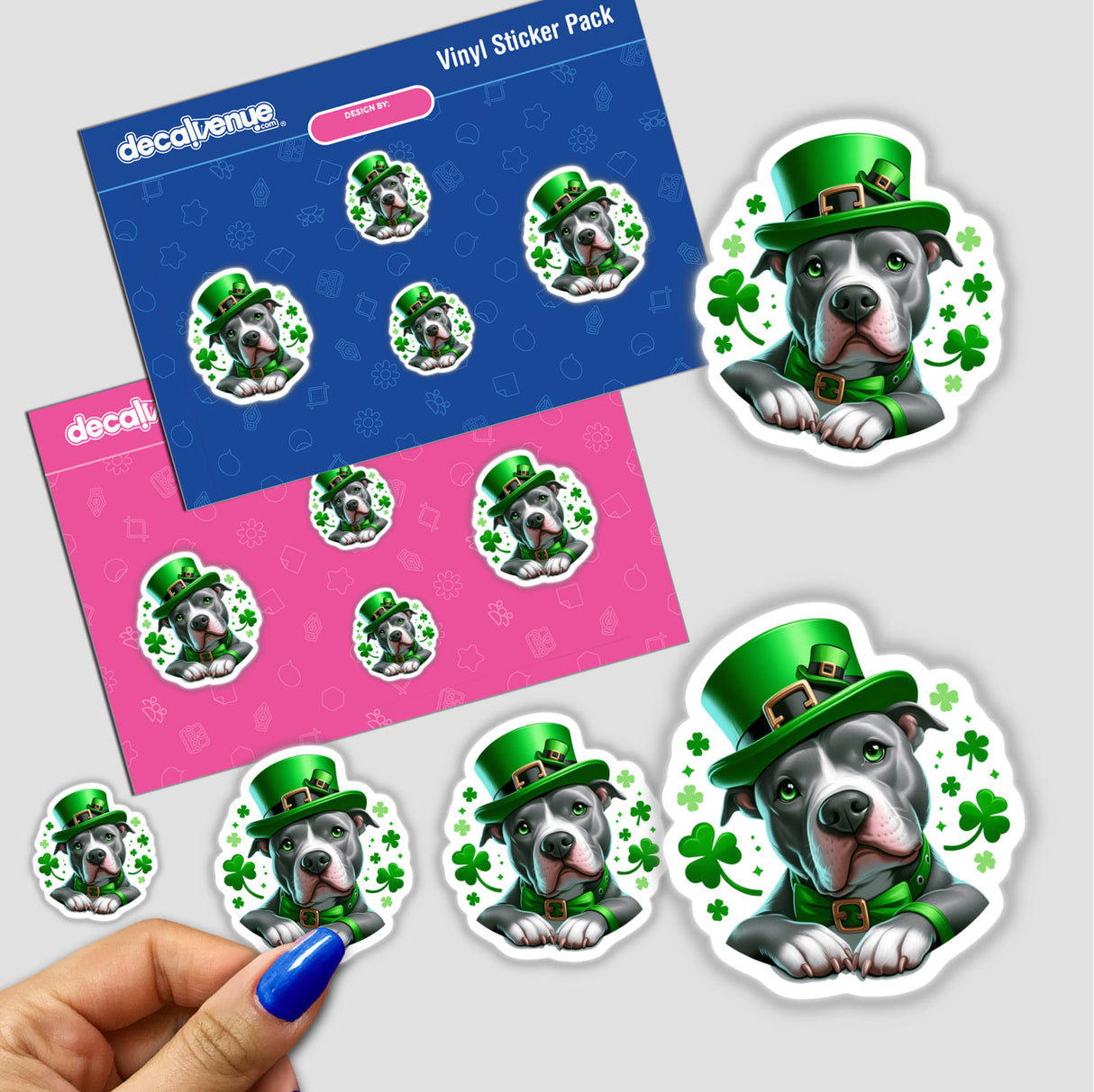 Sitting Pretty Irish Clovers Pitbull Leprechaun stickers featuring a cartoon dog in a green hat surrounded by clovers, available as stickers or digital artwork.