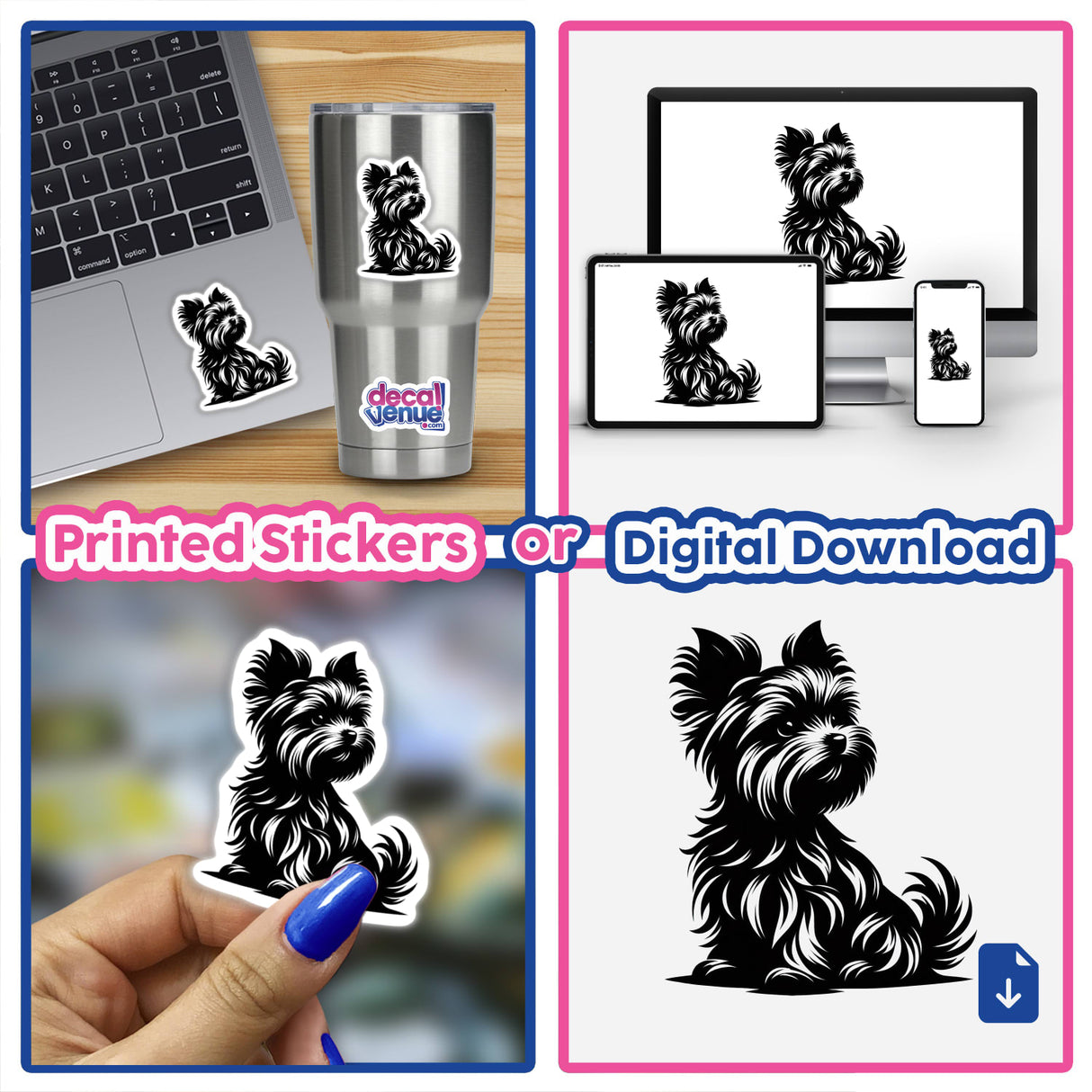 Sitting Silhouette Yorkie Dog stickers displayed on a laptop, cup, and held in hand, showcasing various uses and applications.