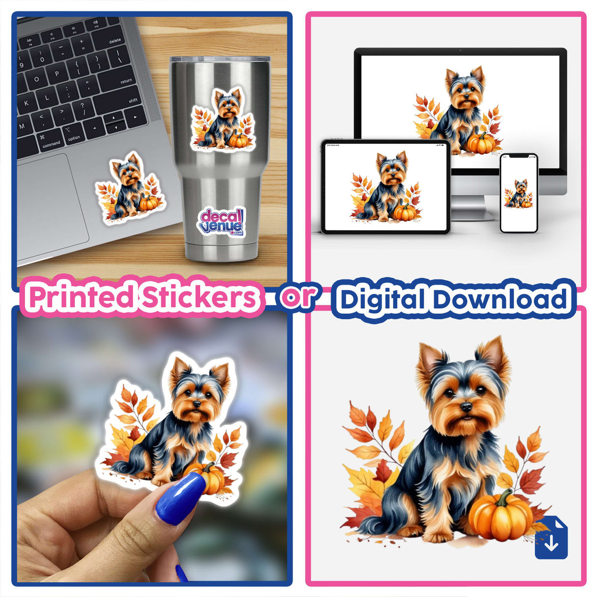Adorable Yorkshire Terrier Dog Clipart - Fall Aesthetic Stickers and Download with Commercial Rights. The collage includes stickers of a dog next to pumpkins, leaves, a laptop, and a cup.