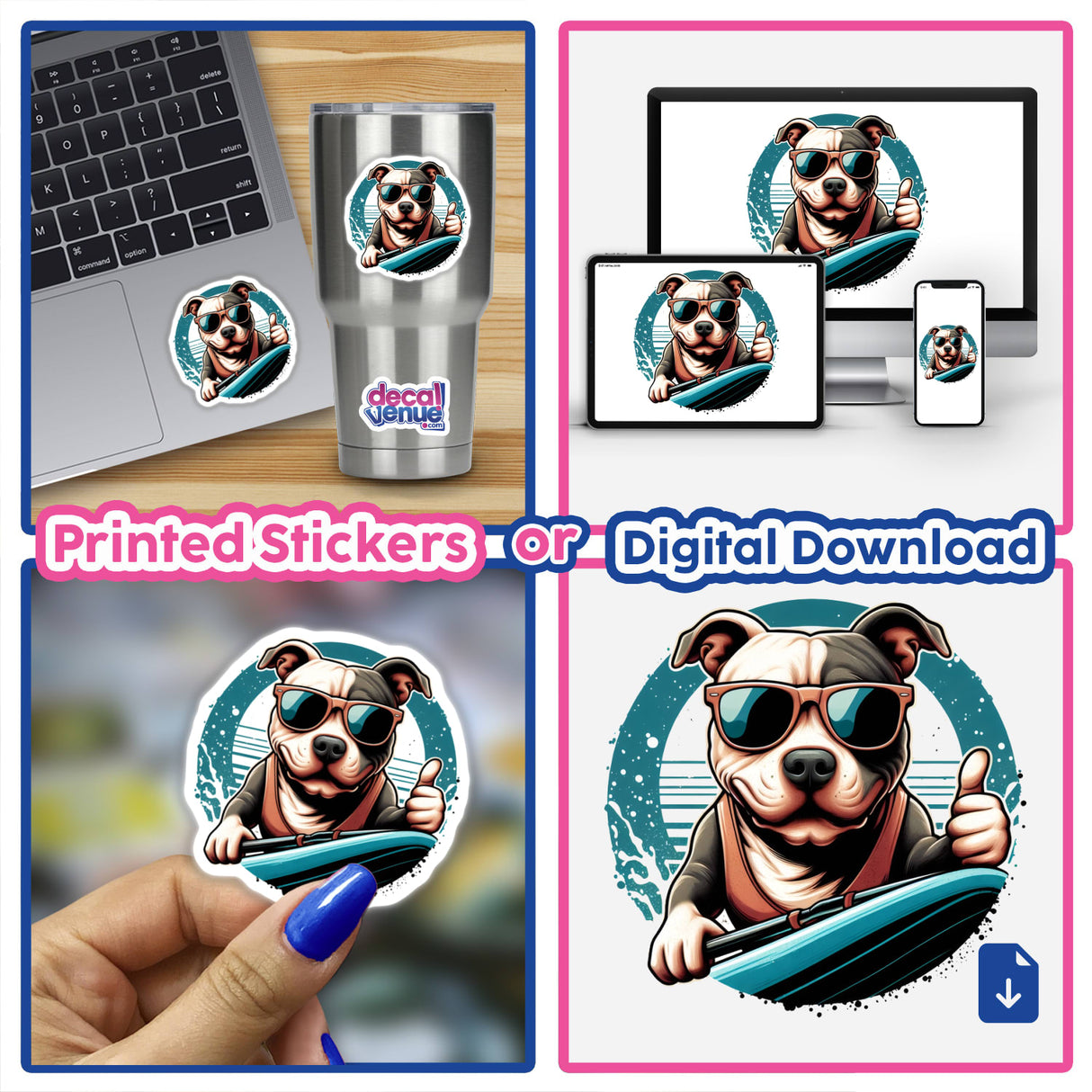 Retro Surfing Thumbs Up Pitbull: Collage featuring a dog wearing sunglasses, holding a surfboard, available as unique stickers or digital artwork from Decal Venue.