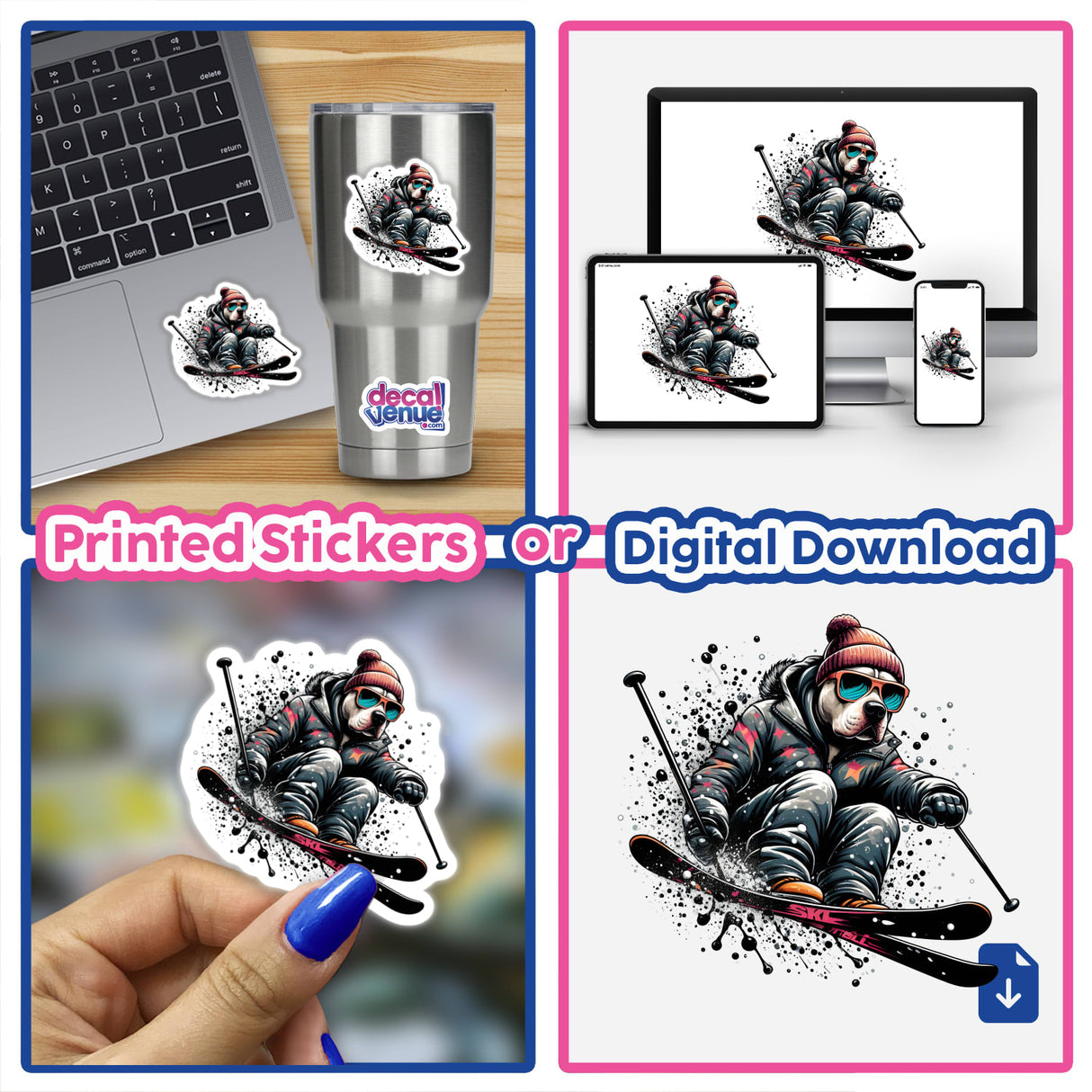 Pitbull Dog Skier sticker featuring a cartoon dog in sunglasses and a hat skiing, available as unique stickers or digital artwork from Decal Venue.