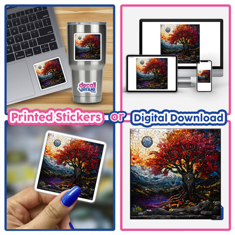 Majestic Tree with Runes Mosaic digital artwork featuring a tree with red leaves, available as stickers or digital prints. Close-up includes a finger pointing at the mosaic.