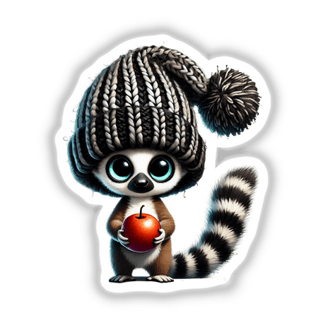 Lemur Gnome Holding Apple: A whimsical cartoon lemur wearing a knitted hat and holding a red apple, available as stickers or digital artwork.