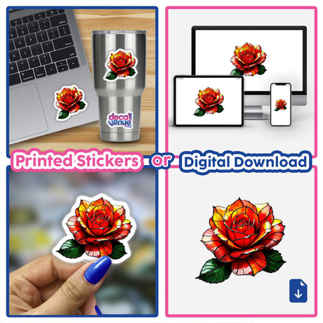 Beautiful Rose Stained Glass Style sticker on a laptop, showcasing intricate floral design. Available as stickers or digital artwork, perfect for personalizing devices with a unique, artistic touch.