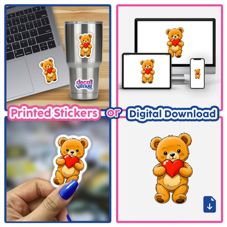 Collage featuring Cute Valentine's Day Teddy Bear stickers and digital downloads, showcasing cartoon bears holding hearts, suitable for embellishing laptops, cups, and more from Decal Venue.