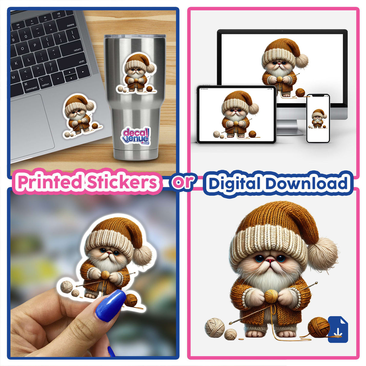 Himalayan Cat Gnome Holding Ball of Yarn - Digital Artwork for Stickers and Downloads showcased on various devices by DecalVenue