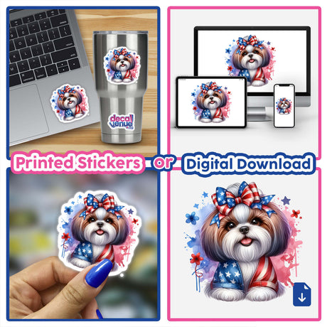 Patriotic Shih Tzu Dog American Flag III stickers and digital artwork collage featuring a Shih Tzu dog wearing a bow, a cartoon version, and various items showcasing the design.