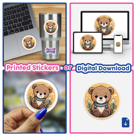 Cute stuffed teddy bear digital artwork featuring a friendly cartoon bear in floral surroundings, available as printed stickers or digital download from Decal Venue, an online store offering unique stickers and digital art.