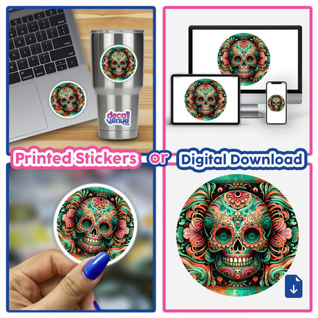 Vibrant Day of the Dead sticker featuring an intricate sugar skull design with floral patterns and bright colors, available as a printed sticker or digital download from the Decal Venue store.