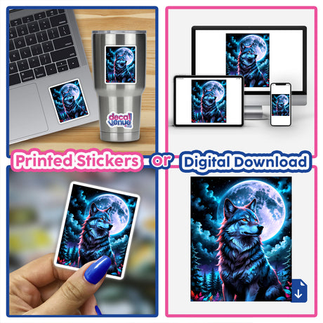 Sticker titled A Wolf In The Night With A Bright Moon displayed on a laptop, depicting a wolf howling at a moon. Available as vinyl stickers or digital artwork.