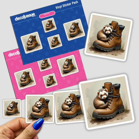 Ferret on Worn Hiking Boot: A cartoon sticker showing a cheerful ferret hugging a worn hiking boot, available as a sticker or digital artwork.