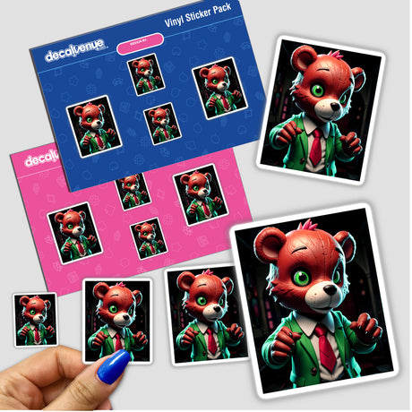 A Macabre Scary Bear sticker featuring a cartoon bear in a suit and tie, showcasing playful yet eerie design elements. Available as a sticker or digital artwork.