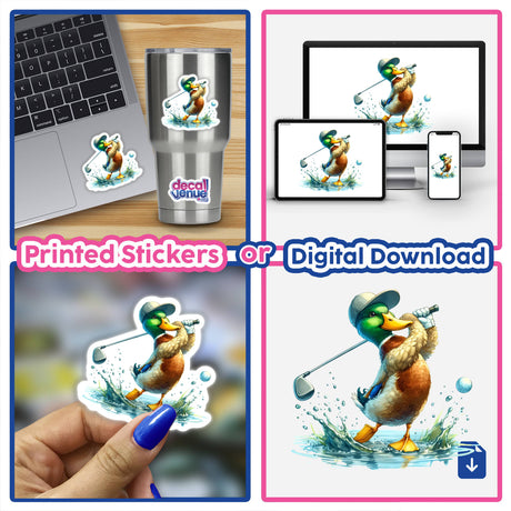 Watercolor Mallard Duck Golfing sticker displayed on a laptop, showcasing a cartoon duck in a hat holding a golf club. Available as stickers or digital artwork from Decal Venue.