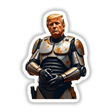 Futuristic President Donald Trump depicted in cartoon-style armor, featuring metal breastplate and robotic elements; available as stickers or digital artwork from Decal Venue.