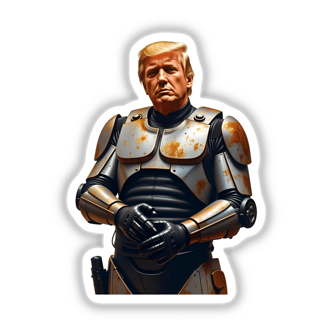 Futuristic President Donald Trump depicted in cartoon-style armor, featuring metal breastplate and robotic elements; available as stickers or digital artwork from Decal Venue.