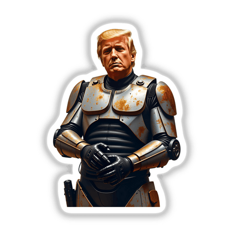 Futuristic President Donald Trump depicted in cartoon-style armor, featuring metal breastplate and robotic elements; available as stickers or digital artwork from Decal Venue.