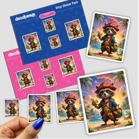 Cartoon sticker of A Cute Fantasy Raccoon Pirate holding a basket of gold coins, available as stickers or digital artwork from Decal Venue.
