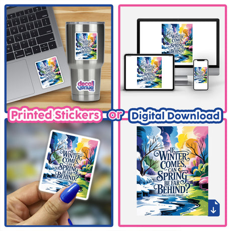Winter to Spring Shelley Quote Sticker - Fauvist Seasonal Transition Clipart displayed on a laptop, highlighting its vibrant design and commercial rights availability as a unique sticker or digital artwork.