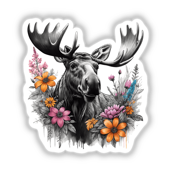 Majestic moose portrait surrounded by vibrant floral accents