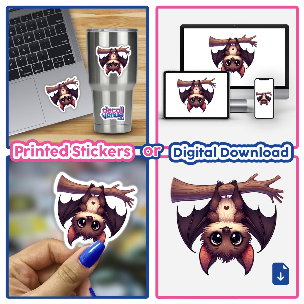 Cute bat with large eyes printed on stickers and digital artwork, displayed on a laptop, phone, and other devices. The bat's features are the focus, showcasing its adorable expression and design.