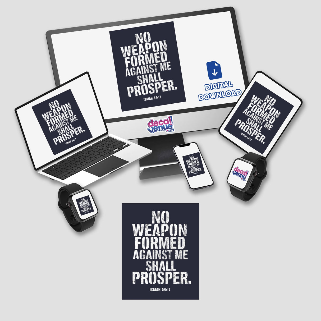 Isaiah 54:17 Bible Verse Clipart featuring No Weapon Formed Against Me in distressed font displayed on a computer monitor, laptop, tablet, and phone, available as stickers or digital download.