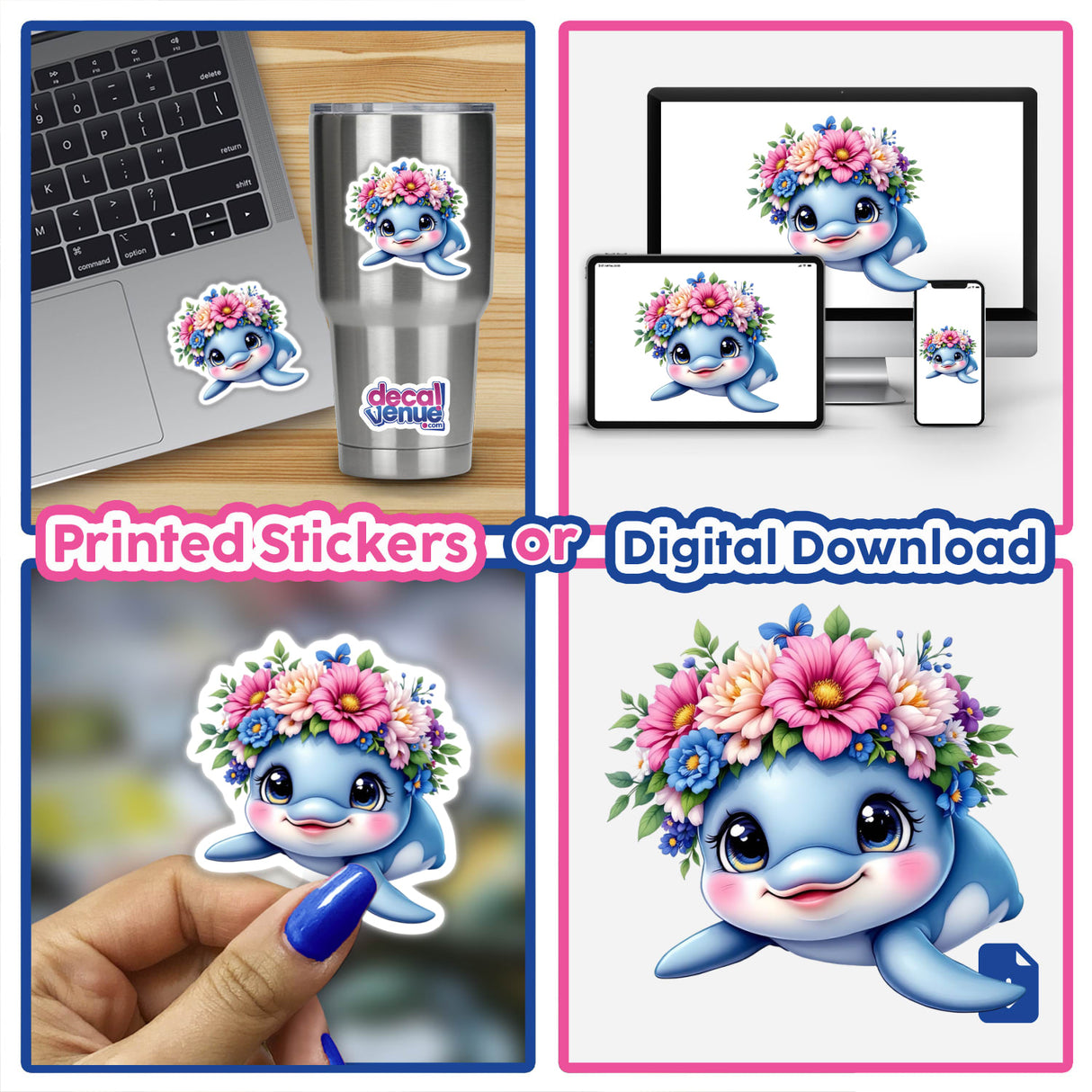 Happy Dolphin with a Flower Crown: A whimsical sticker design featuring a joyful cartoon dolphin adorned with a flower crown, ideal for adding a playful touch to laptops or creative projects.