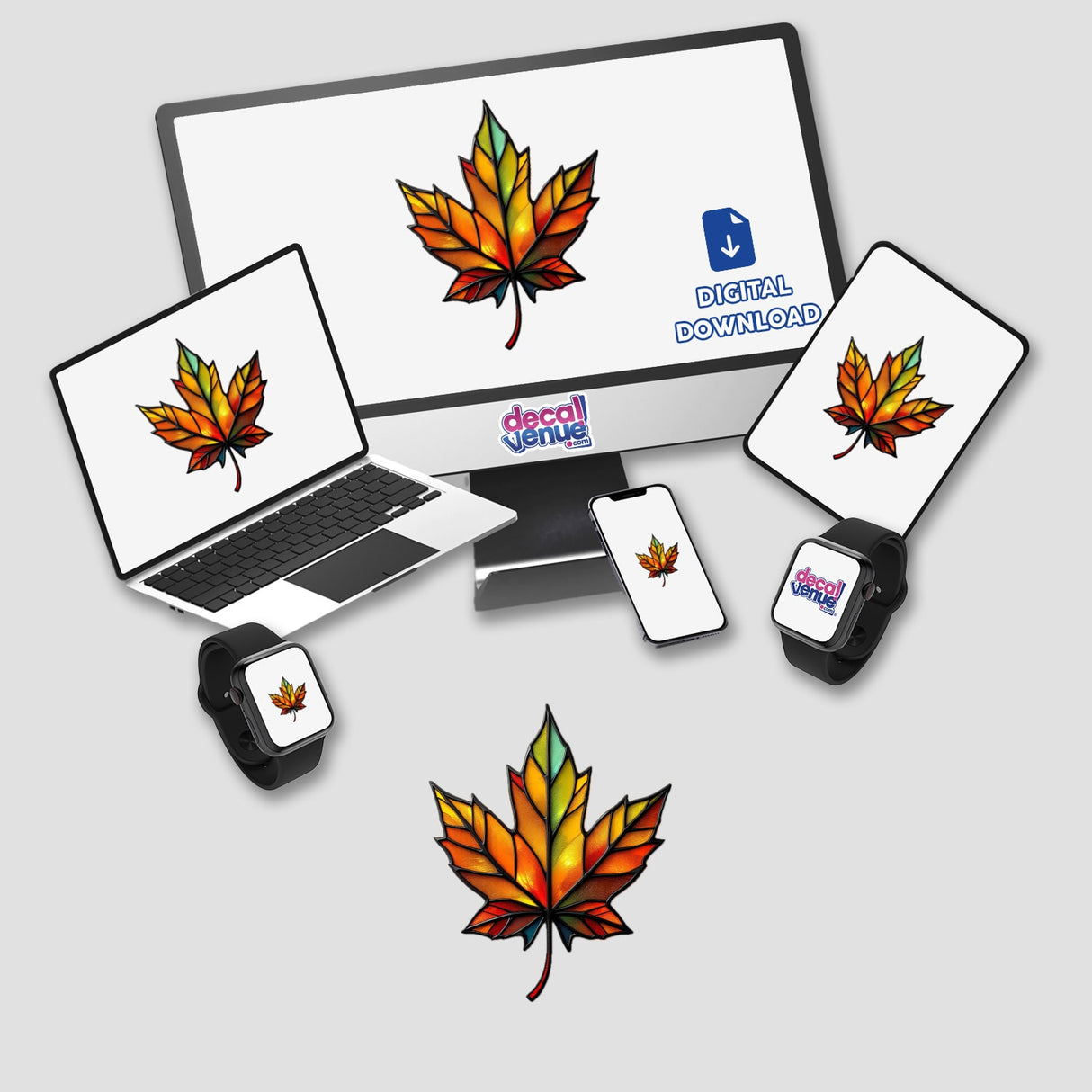 Maple Leaf Stained Glass Style artwork displayed on a computer monitor and laptop screen, available as stickers or digital artwork, emphasizing unique design elements.