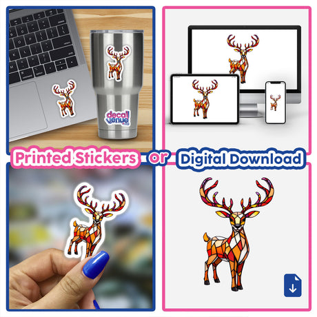 Reindeer Stained Glass Art collage featuring elegant antler designs, offered as unique stickers or digital artwork.