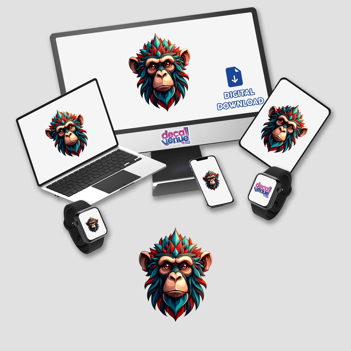A Cool Monkey King sticker or digital artwork featuring a cartoon monkey face displayed on various devices, highlighting its adaptability for digital or physical formats.