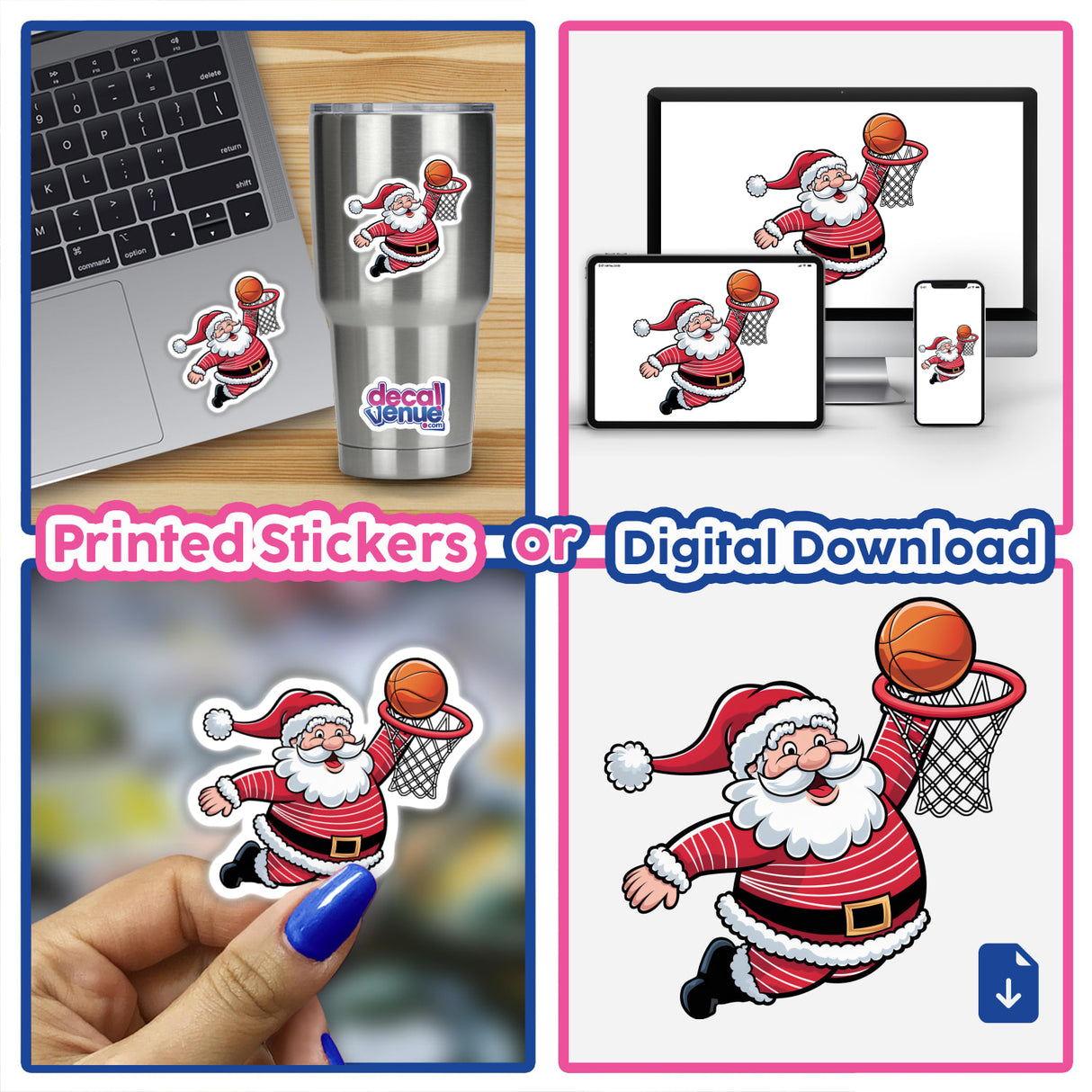Santa Claus Basketball Hoops sticker collage, featuring cartoon images of Santa dunking a basketball. Available as stickers or digital artwork, reflecting Decal Venue's unique style.