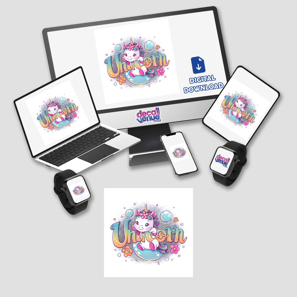 Colorful digital artwork of a cute unicorn character on various electronic devices and products from Decal Venue store, offering unique stickers and digital art.