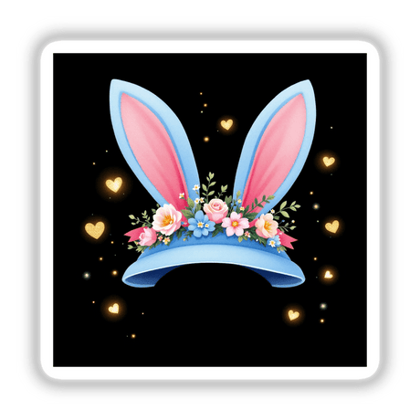 Blue Easter Bonnet with Gold Hearts featuring pink ears and floral designs, available as stickers or digital artwork, epitomizing Decal Venue's unique vinyl art collection.