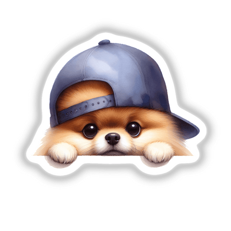 Peeking Pomeranian Dog w/ Baseball Cap