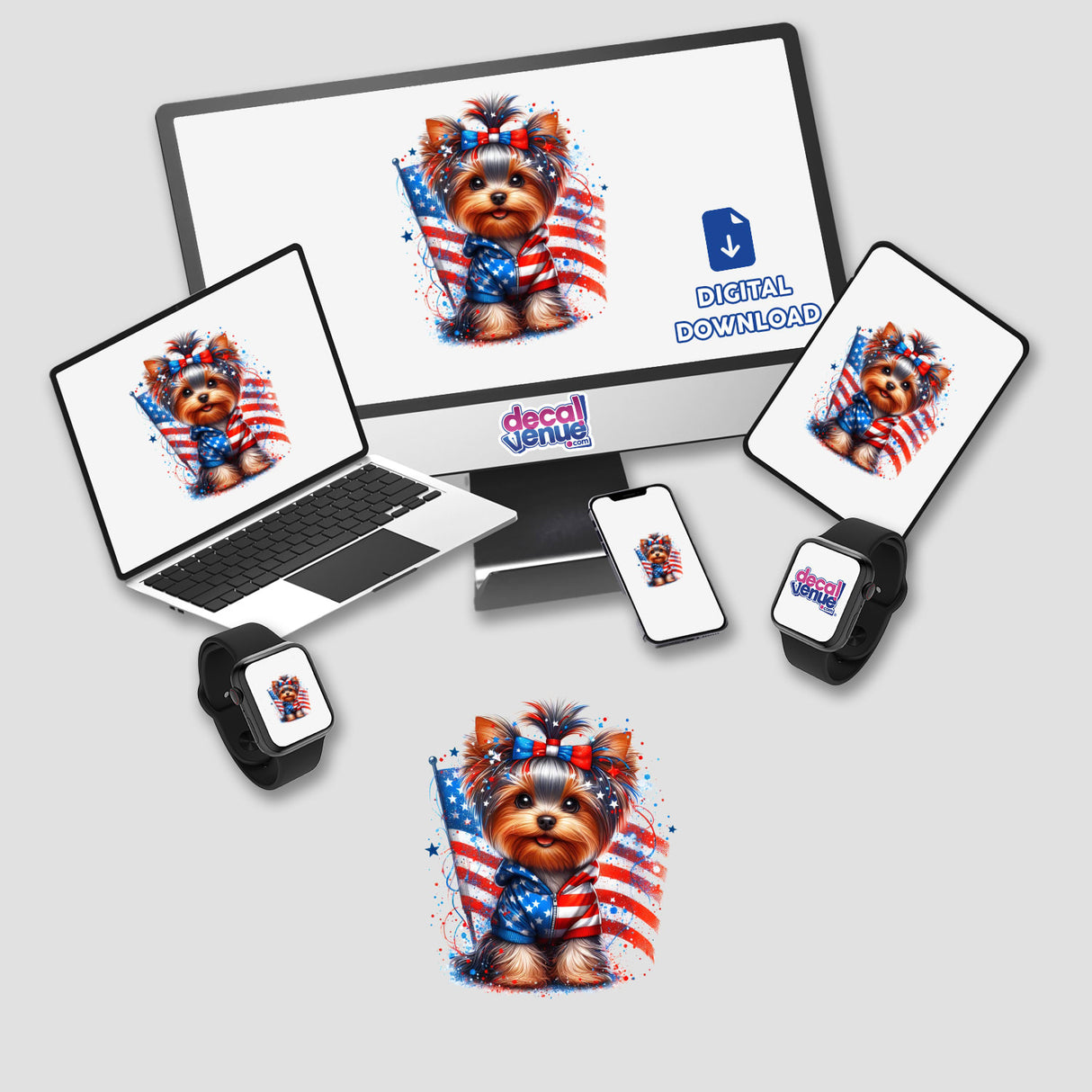 Patriotic Yorkie Dog American Flag - Digital Artwork featuring a Yorkshire Terrier dog wearing a patriotic bandana and American flag design, created by Ella Designz for Decal Venue's digital products.