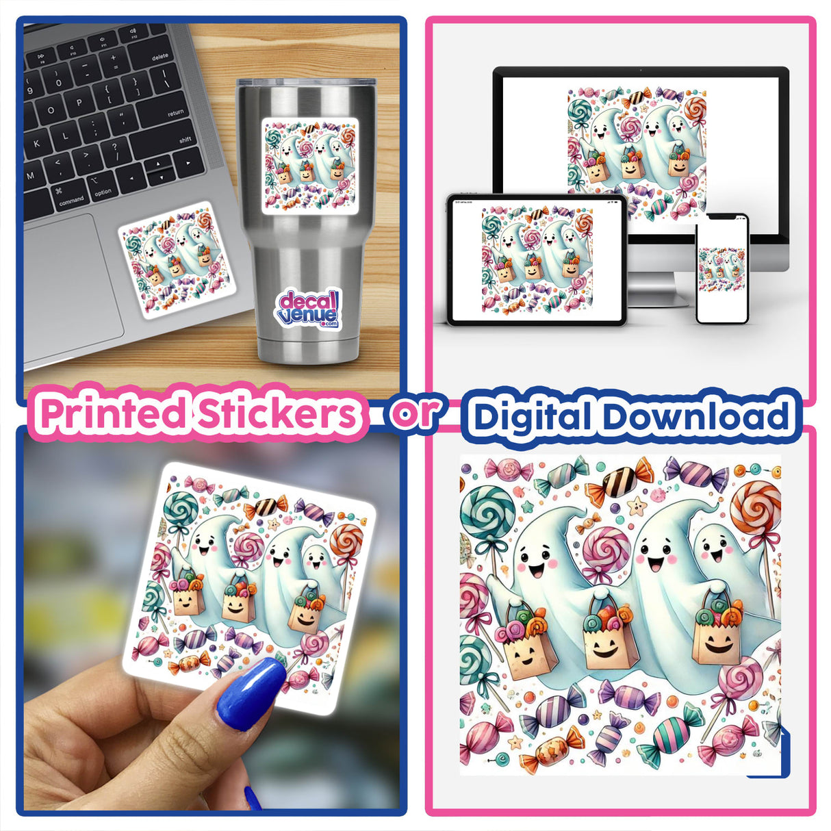 Trick-or-Treat - Ghosts and Candy Watercolor stickers on a laptop, silver cup, and a hand holding cartoon ghost stickers.