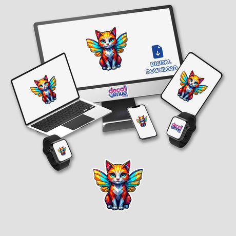 A Cute Geometric Fairy Cat sticker displayed on a laptop screen, showcasing a colorful cartoon cat with wings, reflecting 'Decal Venue's unique sticker and digital art offerings.