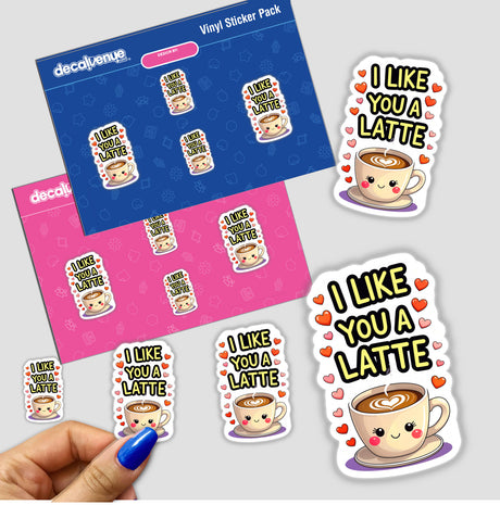 I Like You A Latte Funny Love Quote sticker featuring cartoon coffee cups with heart-shaped foam, available as vinyl stickers or digital artwork, reflecting Decal Venue's unique and whimsical style.
