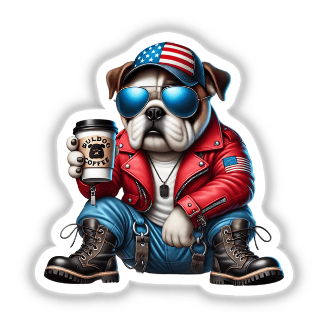 Patriotic Bulldog Dog with Coffee: Illustration of a dog in a red jacket and blue jeans, holding a coffee cup, available as stickers or digital artwork from Decal Venue.