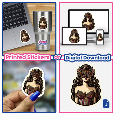 Collage of a woman wearing a mask, featuring stickers and digital artwork titled Masked Woman, including close-ups of nails, a laptop, and a cup with stickers.