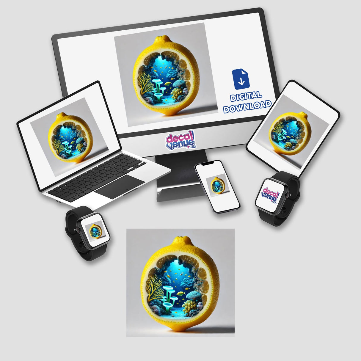 Computer monitor and laptop displaying the digital artwork titled Ocean Depths Underwater Cave Inside a Lemon, available as stickers or digital art.
