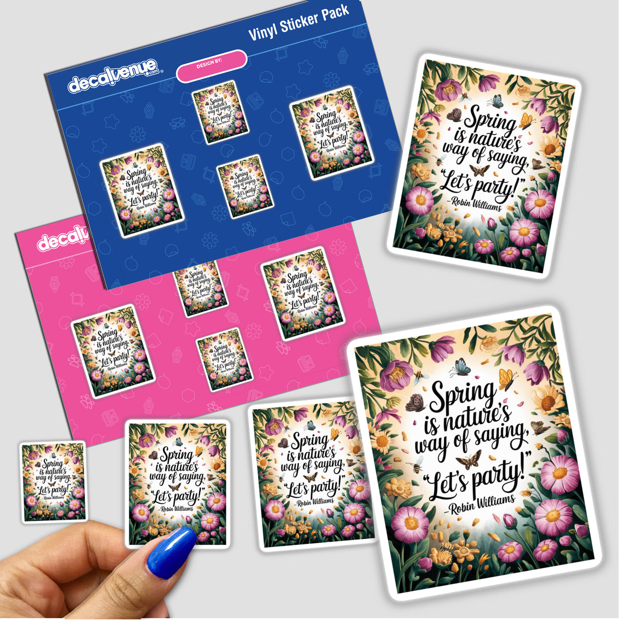 Spring Party Quote Sticker or Clipart featuring a Robin Williams floral design, available for commercial use. Perfect as unique vinyl stickers or digital artwork, embodying Decal Venue's creative essence.