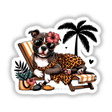 Lounging at Beach Pitbull with Leopard Sarong: A cartoon pitbull in a leopard print sarong and sunglasses, perfect as unique stickers or digital artwork from Decal Venue.